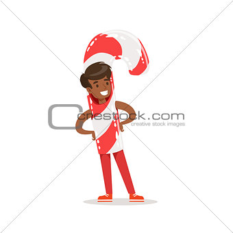 Boy In Candy Cane Stick Outfit Dressed As Winter Holidays Symbol For The Costume Christmas Carnival Party