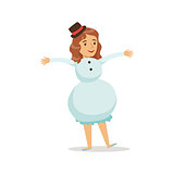 Girl In Snowman Outfit Dressed As Winter Holidays Symbol For The Costume Christmas Carnival Party