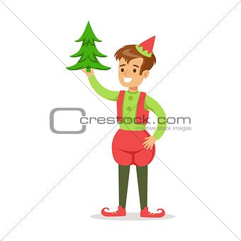 Boy With Christmas Tree Dressed As Santa Claus Christmas Elf For The Costume Holiday Carnival Party