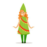 Girl In Christmas Tree Outfit Dressed As Winter Holidays Symbol For The Costume Christmas Carnival Party