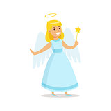 Girl In Angel Outfit Dressed As Winter Holidays Symbol For The Costume Christmas Carnival Party