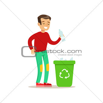 Boy Throwing Plastic Waste In Recycling Garbage Bin Smiling Cartoon Kid Character Helping With Housekeeping And Doing House Cleanup
