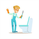 Boy In Gloves Cleaning Toilet With Brush Smiling Cartoon Kid Character Helping With Housekeeping And Doing House Cleanup