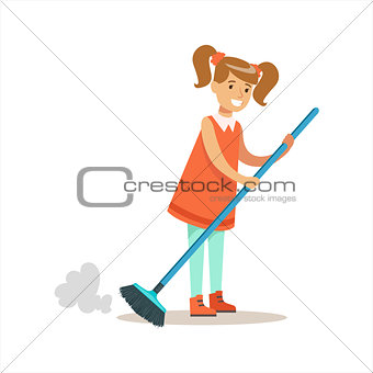 Grl Cleanning Floor Off Dust Smiling Cartoon Kid Character Helping With Housekeeping And Doing House Cleanup