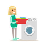 Girl Loading Washing Machine With Clothes Smiling Cartoon Kid Character Helping With Housekeeping And Doing House Cleanup
