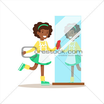 Girl Polishing The Mirror Smiling Cartoon Kid Character Helping With Housekeeping And Doing House Cleanup