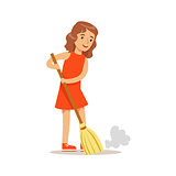 Girl Sweeping The Floor With The Broom Smiling Cartoon Kid Character Helping With Housekeeping And Doing House Cleanup