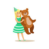 Girl Holding Giant Teddy Bear, Kids Birthday Party Scene With Cartoon Smiling Character