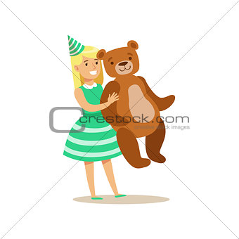 Girl Holding Giant Teddy Bear, Kids Birthday Party Scene With Cartoon Smiling Character