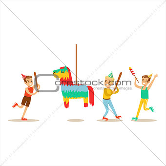 Kids Playing With Horse Shaped Pinata, Kids Birthday Party Scene With Cartoon Smiling Character