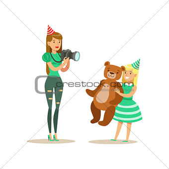 Woman Taking Pictures With Girl And Teddy Bear, Kids Birthday Party Scene With Cartoon Smiling Character