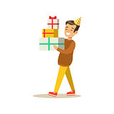 Boy Carrying Piled Presents , Kids Birthday Party Scene With Cartoon Smiling Character