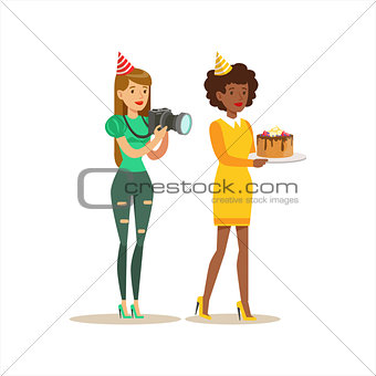 Two Women Taking Pictures And Bringing Cake, Kids Birthday Party Scene With Cartoon Smiling Character
