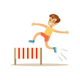 Boy Hurdle Racing, Kid Practicing Different Sports And Physical Activities In Physical Education Class