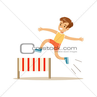 Boy Hurdle Racing, Kid Practicing Different Sports And Physical Activities In Physical Education Class