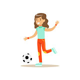 Girl Playing Football, Kid Practicing Different Sports And Physical Activities In Physical Education Class