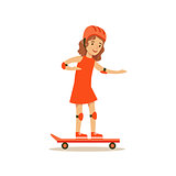 Girl Skateboarding, Kid Practicing Different Sports And Physical Activities In Physical Education Class