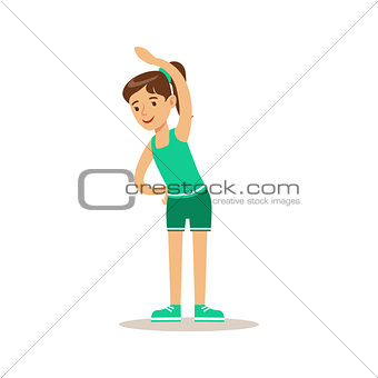 Girl Doing Stretching Exercise, Kid Practicing Different Sports And Physical Activities In Physical Education Class