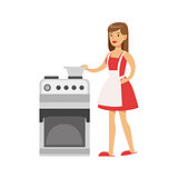 Woman Housewife Cooking At The Kitchen , Classic Household Duty Of Staying-at-home Wife Illustration