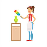 Woman Housewife Wiping The Dust Of Vase WIth Brush, Classic Household Duty Of Staying-at-home Wife Illustration