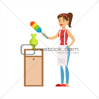 Woman Housewife Wiping The Dust Of Vase WIth Brush, Classic Household Duty Of Staying-at-home Wife Illustration