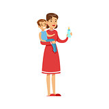 Woman Housewife Holding A Young Kid In Arms Preparing Him A Bottle, Classic Household Duty Of Staying-at-home Wife Illustration
