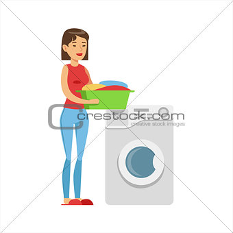 Woman Housewife Loading Dirty Laundry Into Washing Machine, Classic Household Duty Of Staying-at-home Wife Illustration