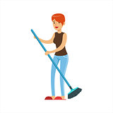 Woman Housewife Sweeping Floor With Broom, Classic Household Duty Of Staying-at-home Wife Illustration