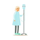 Old Lady Walking In Corridor With Dropper, Hospital And Healthcare Illustration