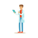 Doctor Reading Patients Medical Hictory On Clipboard, Hospital And Healthcare Illustration