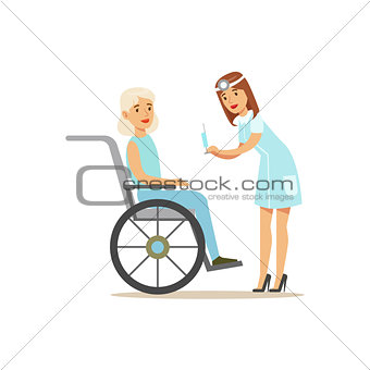 Nurse Preparing Injection For Old Lady In Wheelchair, Hospital And Healthcare Illustration