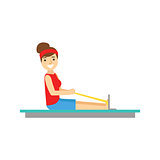 Woman Exercising On Rowing Simulator, Member Of The Fitness Club Working Out And Exercising In Trendy Sportswear