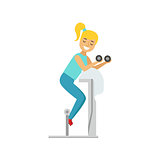 Woman Exercising With Dumbbells On Equipment Piece , Member Of The Fitness Club Working Out And Exercising In Trendy Sportswear