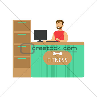 Fitness Club Reception Counter With Male Receptionist And Computer