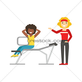 Woman Exercising Abs With Help Of Personal Trainer, Member Of The Fitness Club Working Out And Exercising In Trendy Sportswear