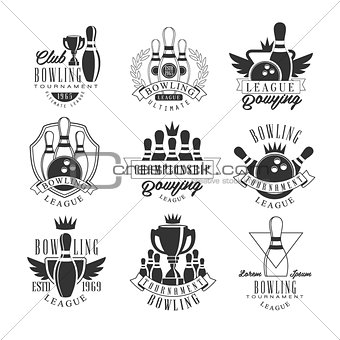 Bowling League Tournament Black And White Sign Design Templates With Text And Tools Silhouettes