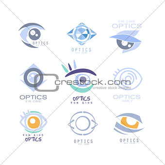 Kids Optics Clinic And Ophthalmology Cabinet Set Of Label Templates In Different Creative Styles And Light Blue Shades