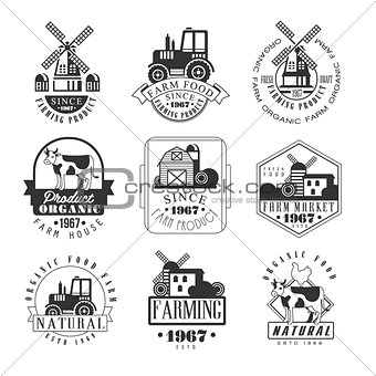 Natural Farm Products Black And White Sign Design Templates With Text And Tools Silhouettes