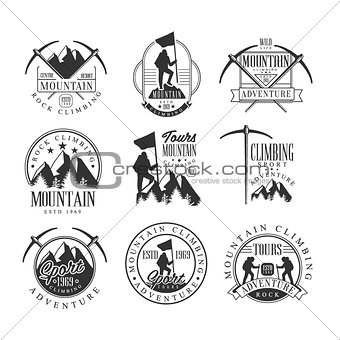 Mountain Climbing Extreme Adventure Tour Black And White Sign Design Templates With Text And Tools Silhouettes