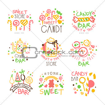 Candy Shop Promo Signs Set Of Colorful Vector Design Templates With Sweets And Pastry Silhouettes
