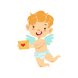 Boy Baby Cupid Delivering Love Letter, Winged Toddler In Diaper Adorable Love Symbol Cartoon Character