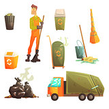 Waste Recycling And Disposal Related Object Around Garbage Collector Man Collection Of Cartoon Bright Icons
