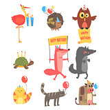 Funky Animals With Party Attributes At The Kids Happy Birthday Celebration Set Of Cartoon Fauna Characters