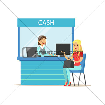 Woman Withdrawing Cash At Bank Cashier. Bank Service, Account Management And Financial Affairs Themed Vector Illustration