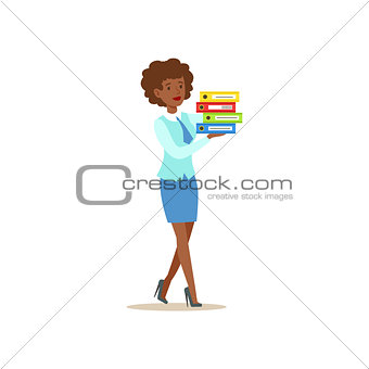 Bank Secretary Waking Holding Pile Of Folders. Bank Service, Account Management And Financial Affairs Themed Vector Illustration