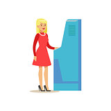 Bank Visitor Using ATM Cash Machine. Bank Service, Account Management And Financial Affairs Themed Vector Illustration