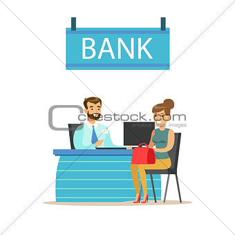 Bank Manager At His Desk And The Client. Bank Service, Account Management And Financial Affairs Themed Vector Illustration