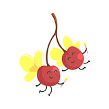 Pair Of Cherries With Wings In Fairy Costumes, Part Of Vegetables In Fantasy Disguises Series Of Cartoon Silly Characters
