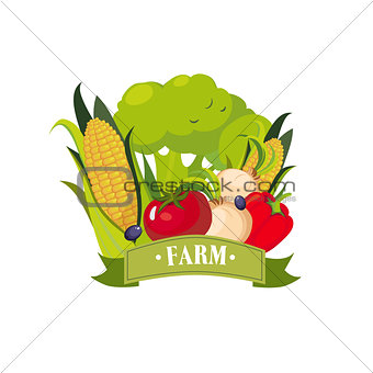 Set Of Fresh Vegetables With Banner Saying Farm, Farm And Farming Related Illustration In Bright Cartoon Style