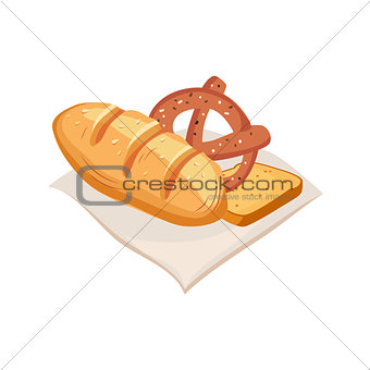 Freshly Baked Bread, Pretzel And Toast, Farm And Farming Related Illustration In Bright Cartoon Style